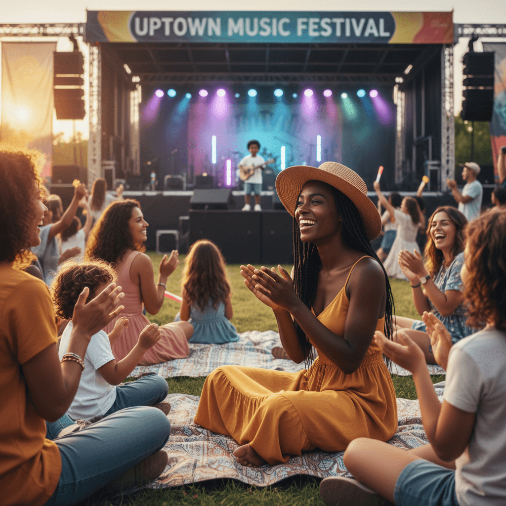 Young Black mother enjoys her child performing at an outdoor music concert.